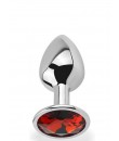 Ruby M - Anální kolík se stříbrného hliníku červeným drahokamem 8,2 x 3,4 cm.