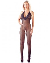 Sexy černý síťovaný overal s krajkovým výstřihem a otevřenými zády – velikost 36-48).