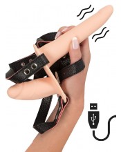 Dvojitý pripinací Strap-On vibrační penis pro ženy 15,7 x 3,8 cm a 8,8 x 3,2 cm.