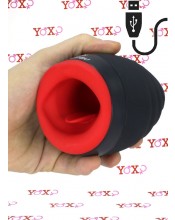 Mužsky vibrační a zahřívací masturbátor ve tvaru úst v čistém silikonu.