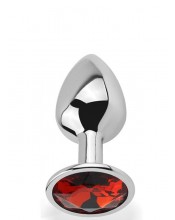 Ruby M - Anální kolík se stříbrného hliníku červeným drahokamem 8,2 x 3,4 cm.