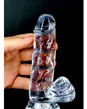 Realistické průhledné dildo v měkkém a flexibilním želé s varlaty 14 x 3,3 cm. 