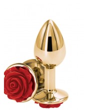Anální kolík se zlatého hliníku s drahokamem ve tvaru červené růže 8,9 x 3,3 cm.