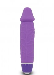 Realistický vibrátor ve voděodolném čistém fialovém silikonu 16 x 3,5 cm.