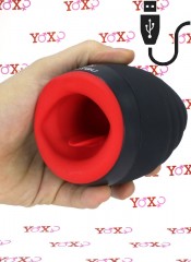 Mužsky vibrační a zahřívací masturbátor ve tvaru úst v čistém silikonu.