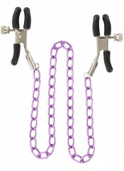 Kovové svorky na bradavky s fialovým řetízkem pro milovníky BDSM.