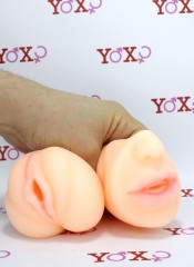 Dvojitý masturbátor pro muže ve tvaru realistické vagíny a úst v Realistic-Love Skin 2 v 1 18 x 4 cm.